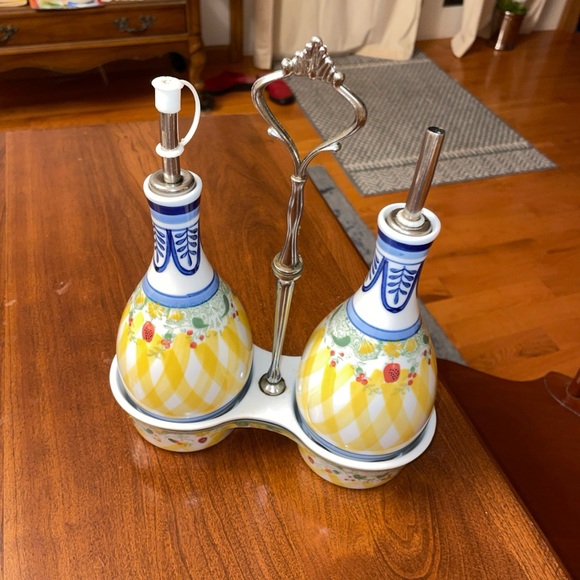 Ceramic Oil and Vinegar Dispenser Set - Blue and Yellow hand painted.  Cruet Set - Picture 7 of 7